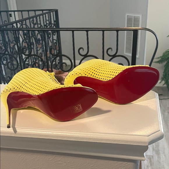 Christian Louboutin Yellow Perforated Lace-Up Peep-Toe Stiletto Booties - Picture 5 of 8